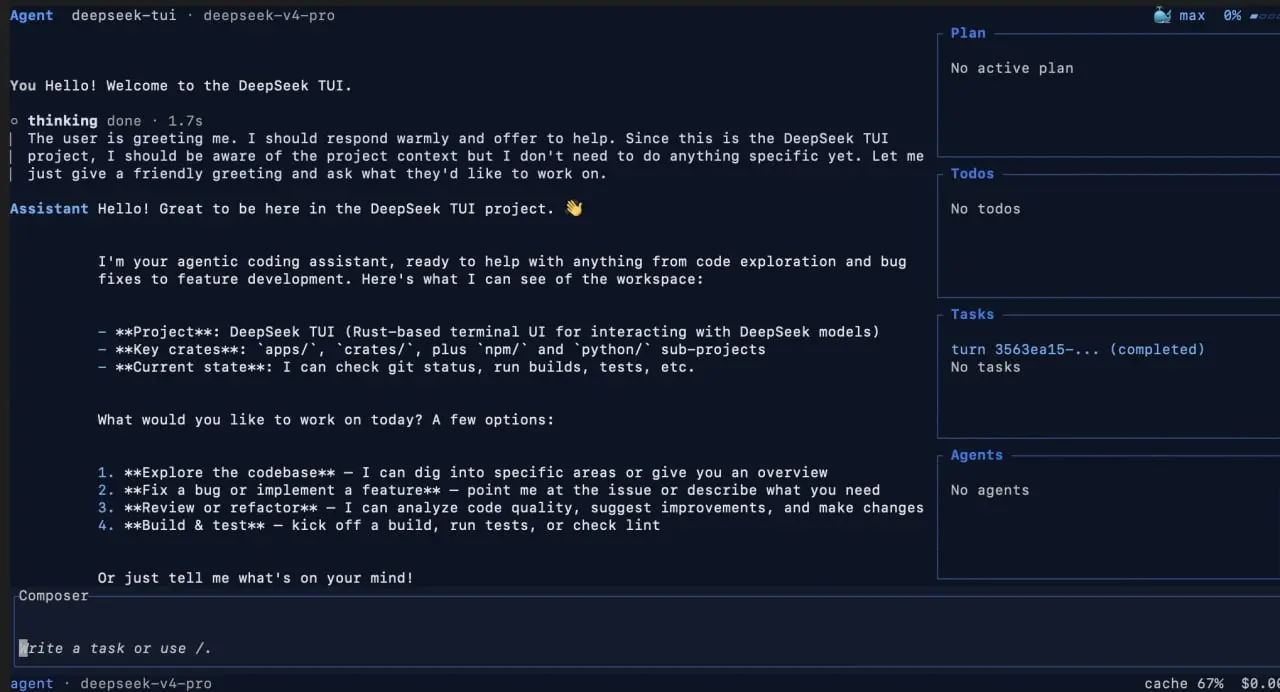 Используем DeepSeek прямо в терминале
Инструмент DeepSeek-TUI для любителей командной строки. Теперь использовать возможности популярной нейросети можно в обычном окне консоли без запуска браузера | Сетка — социальная сеть от hh.ru