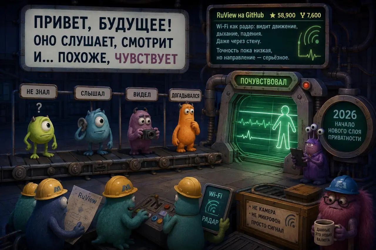 Камера смотрит.
Микрофон слушает.
Wi‑Fi, похоже, начинает “чувствовать”.
На GitHub взлетел проект RuView: почти 59 тысяч звёзд и 7,6 тысяч форков.
Суть: обычный Wi‑Fi можно использовать как радар | Сетка — социальная сеть от hh.ru