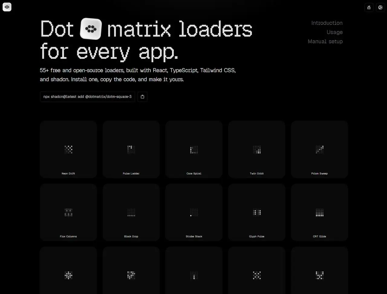 Dotmatrix. Опенсорсная коллекция из 55 анимаций лоадеров на основе точек. Все компоненты построены с использованием React, TypeScript, Tailwind CSS и shadcn | Сетка — социальная сеть от hh.ru