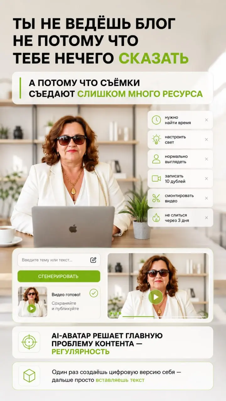 🔥 Три способа сделать AI‑аватара без тонны съёмок
Если ты устала тратить часы на видео для блога, соцсетей или продаж — этот пост для тебя | Сетка — социальная сеть от hh.ru
