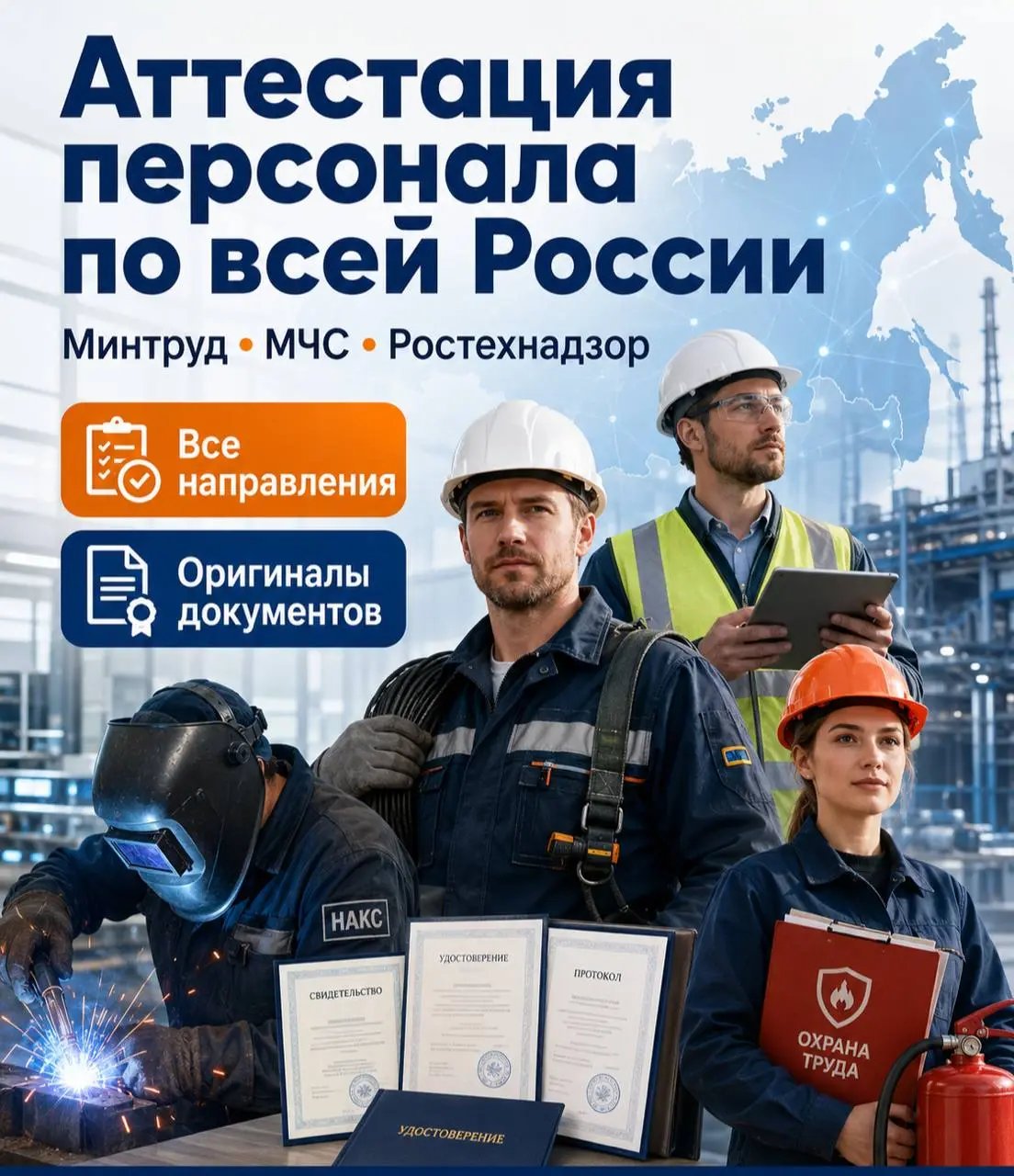 📌 АТТЕСТАЦИЯ И ОБУЧЕНИЕ ПЕРСОНАЛА ПО ВСЕЙ РОССИИ
Проводим аттестацию специалистов и рабочих по всем основным направлениям.
Работаем на всей территории России | Сетка — социальная сеть от hh.ru