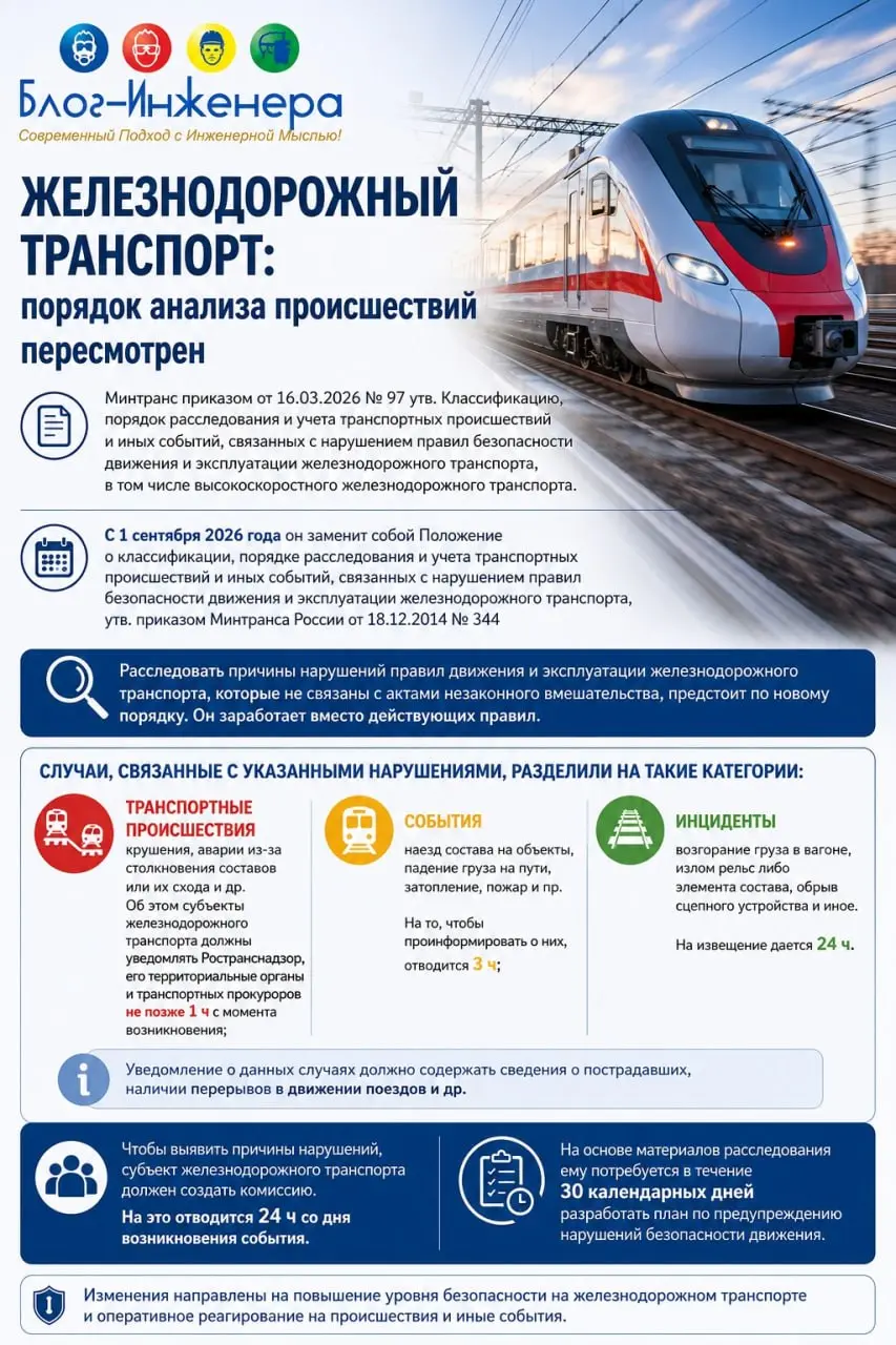 📱 Железнодорожный транспорт: порядок анализа происшествий пересмотрен
Минтранс приказом от 16.03.2026 № 97 утв | Сетка — социальная сеть от hh.ru