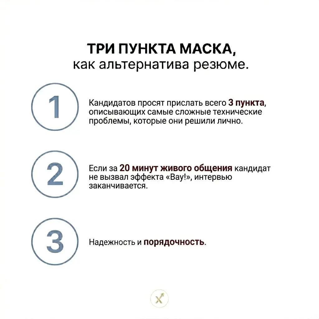 Три пункта Маска – реальная альтернатива резюме и сопроводительным письмам
Маск признался, что раньше попадал в ловушку, нанимая людей из Google или Apple только из-за бренда в их CV | Сетка — социальная сеть от hh.ru