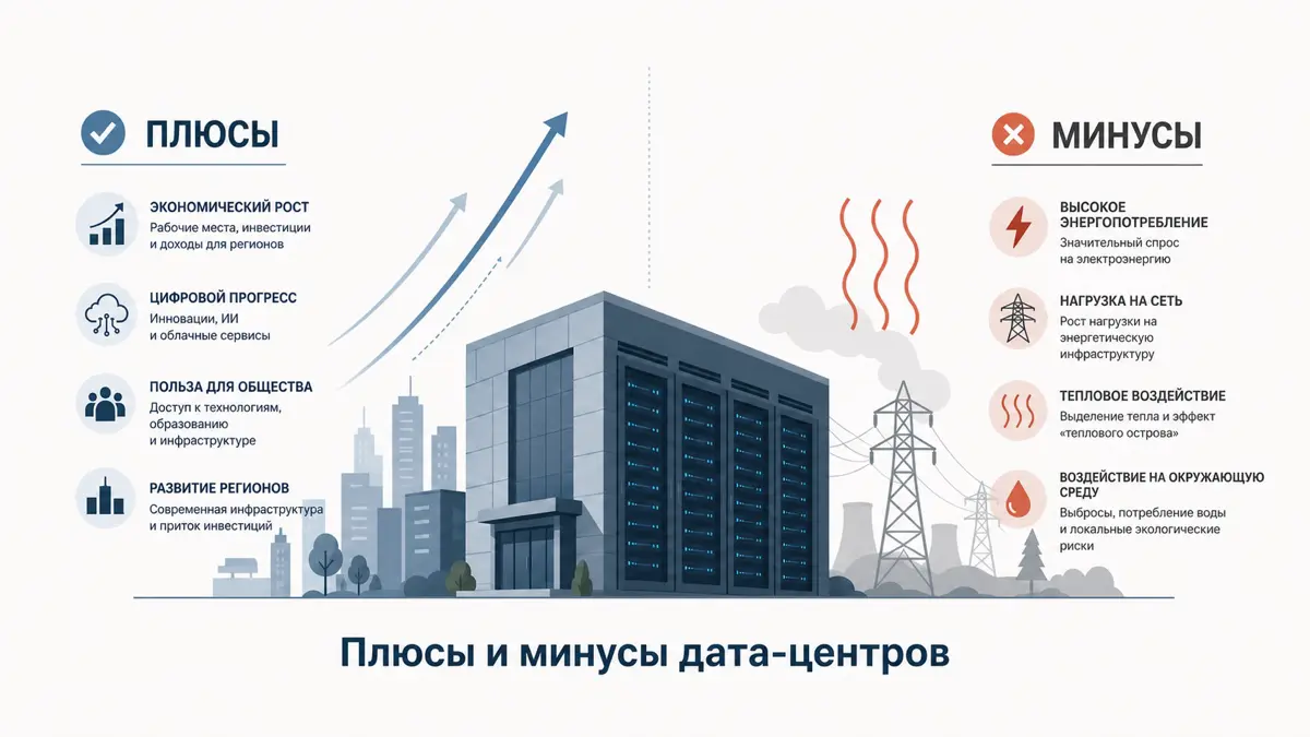 Плюсы и минусы развития дата-центров:
Обсуждение развития дата-центров набирает популярность, и обсуждаются как потенциальные преимущества, так и недостатки | Сетка — социальная сеть от hh.ru