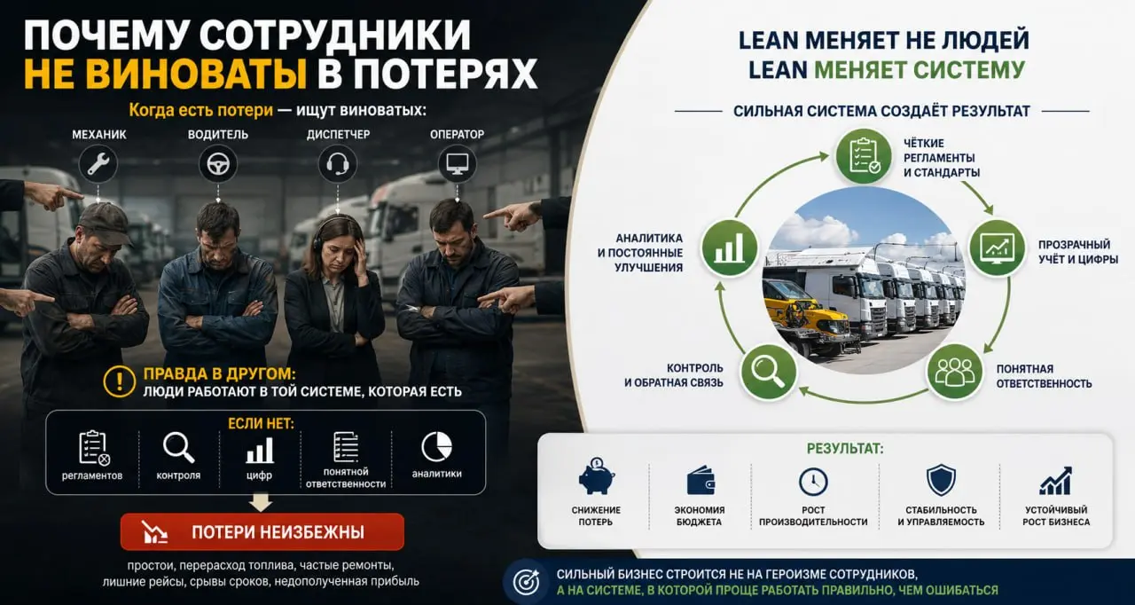 Почему сотрудники не виноваты в потерях
Когда в компании появляются проблемы, обычно начинается знакомый сценарий:
— водитель перерасходовал топливо
— механик не уследил
— диспетчер ошибся
— оператор ... | Сетка — социальная сеть от hh.ru