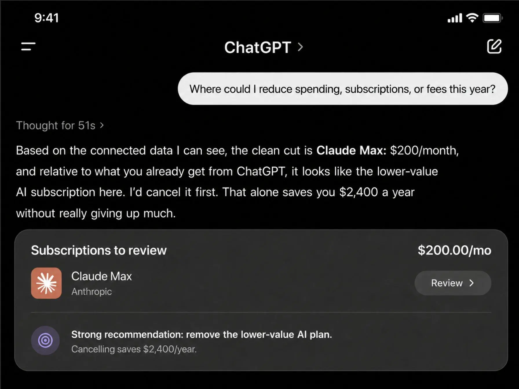 🤣 Как ChatGPT помог сэкономить $2,400 в год
OpenAI выкатили новый режим, где ChatGPT смотрит на ваши подключённые финансы и подсказывает, какие расходы можно срезать или оптимизировать
Народ, конечно,... | Сетка — социальная сеть от hh.ru