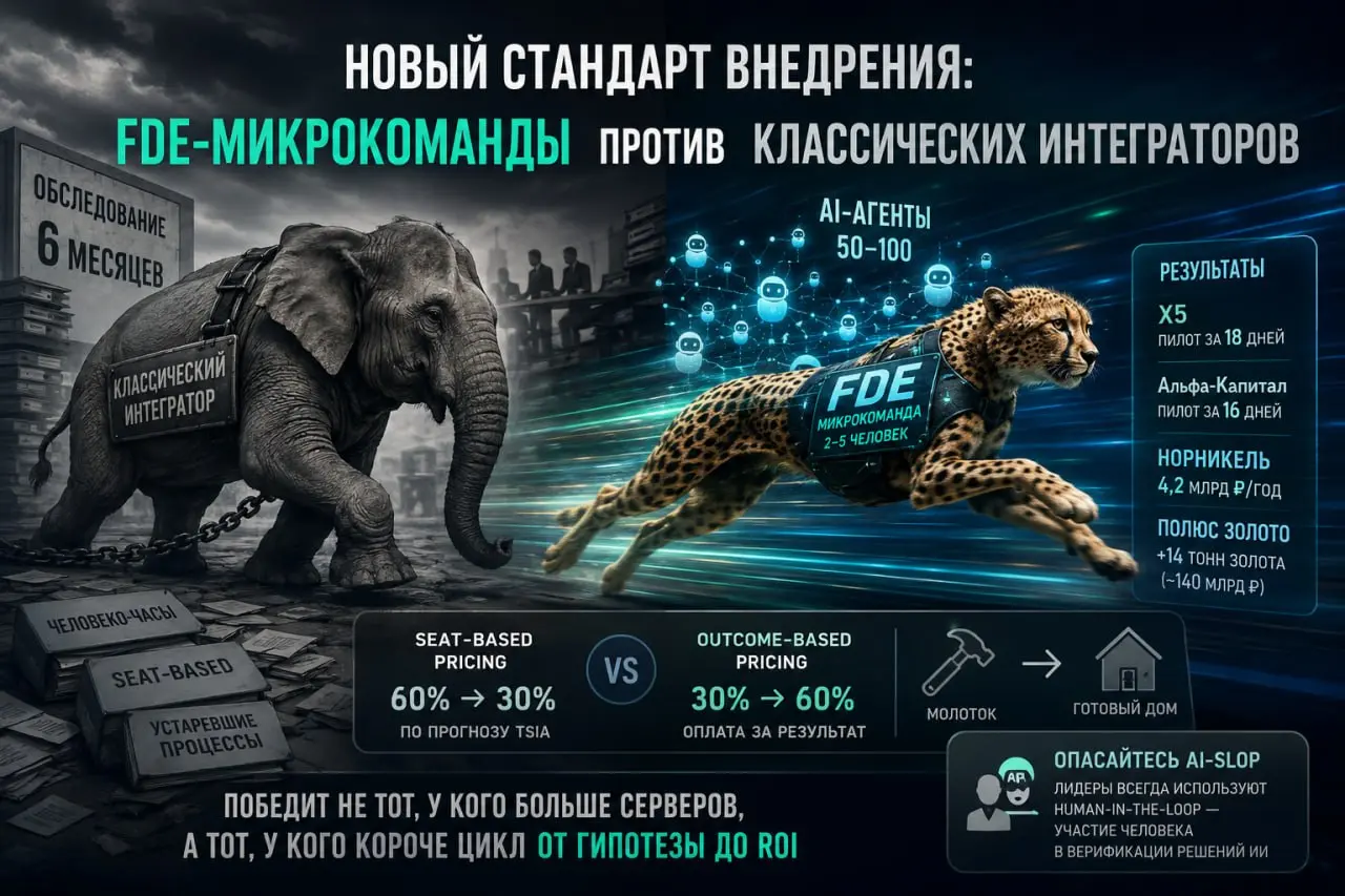 Новый стандарт внедрения: FDE-микрокоманды против классических интеграторов
Сижу на встрече, где классический интегратор запрашивает 6 месяцев только на фазу «обследования» | Сетка — социальная сеть от hh.ru