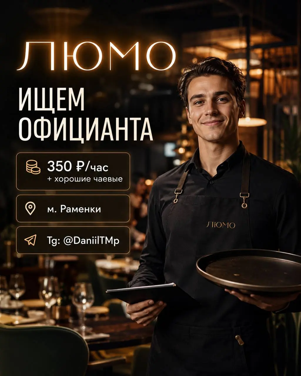 ОФИЦИАНТ
Люмо
• Москва, м. Раменки, Винницкая 8к3
• Рестораны/Кафе
• +79004564508
Полное описание вакансии размещено в Телеграм и Макс. Переходите по ссылке в закрепленном сообщении | Сетка — социальная сеть от hh.ru