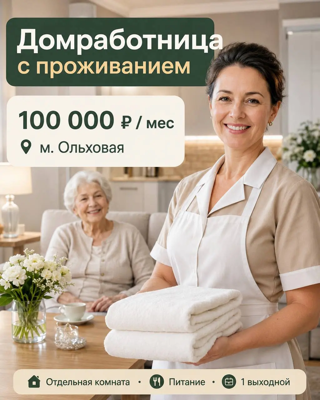 ДОМРАБОТНИЦА С ПРОЖИВАНИЕМ
От 100 000₽
Прямой работодатель
• Москва, Поселение Воскресенское, деревня Городище, м | Сетка — социальная сеть от hh.ru
