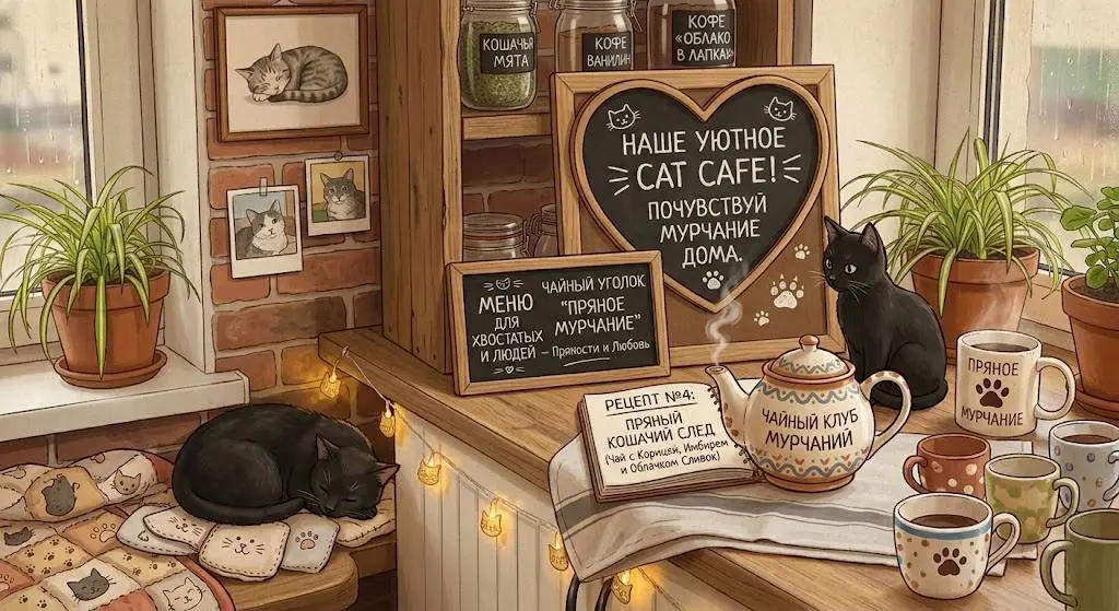 Пока это всё больше в голове, чем на кухне 🐾
Я просто собираю картинки, идеи, какие-то кусочки настроения — и из этого постепенно складывается моё будущее cat cafe | Сетка — социальная сеть от hh.ru
