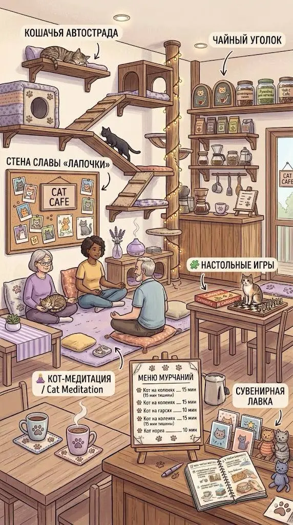 Пока это всё больше в голове, чем на кухне 🐾
Я просто собираю картинки, идеи, какие-то кусочки настроения — и из этого постепенно складывается моё будущее cat cafe | Сетка — социальная сеть от hh.ru