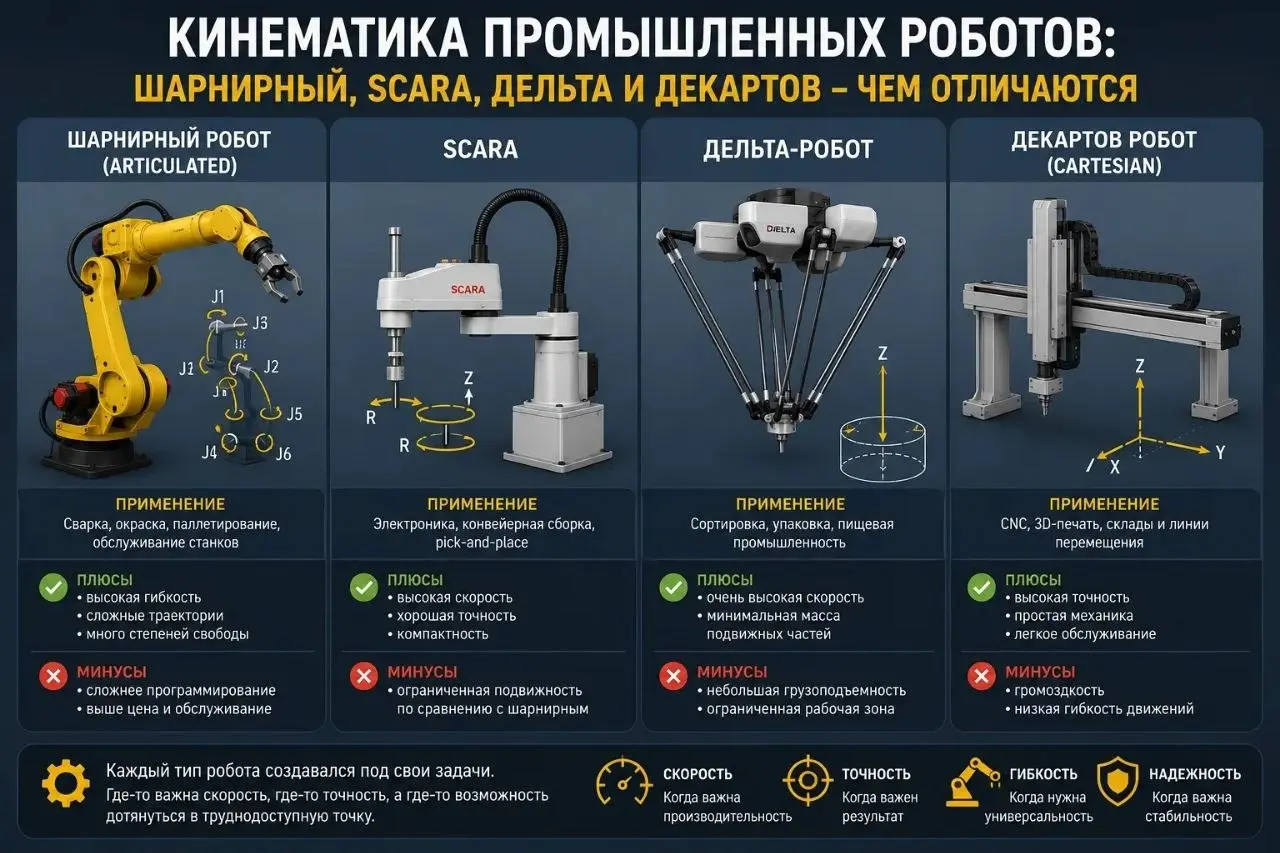 Шарнирные, SCARA, дельта и декартовы роботы, короткое объяснение их кинематики.
🔹 Шарнирный робот (Articulated)
Самый узнаваемый тип — «рука» с несколькими осями | Сетка — социальная сеть от hh.ru