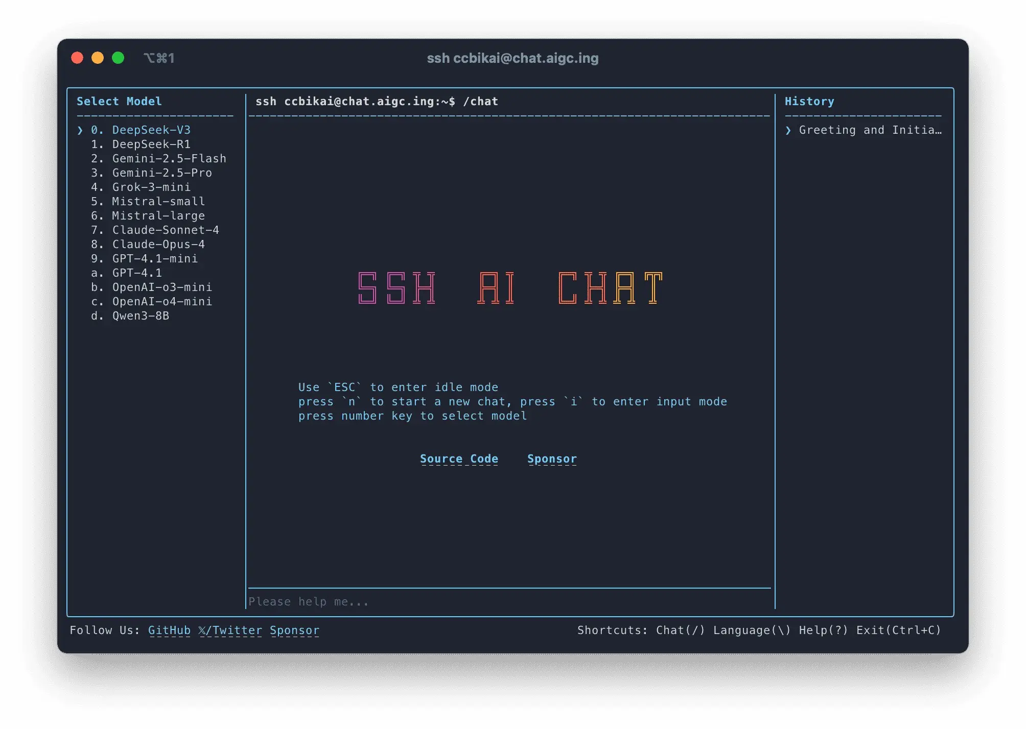 ssh-ai-chat
Это инструмент, позволяющий пользователям взаимодействовать с AI-моделью через SSH-соединение, предоставляя возможность общения с искусственным интеллектом непосредственно из терминала | Сетка — социальная сеть от hh.ru