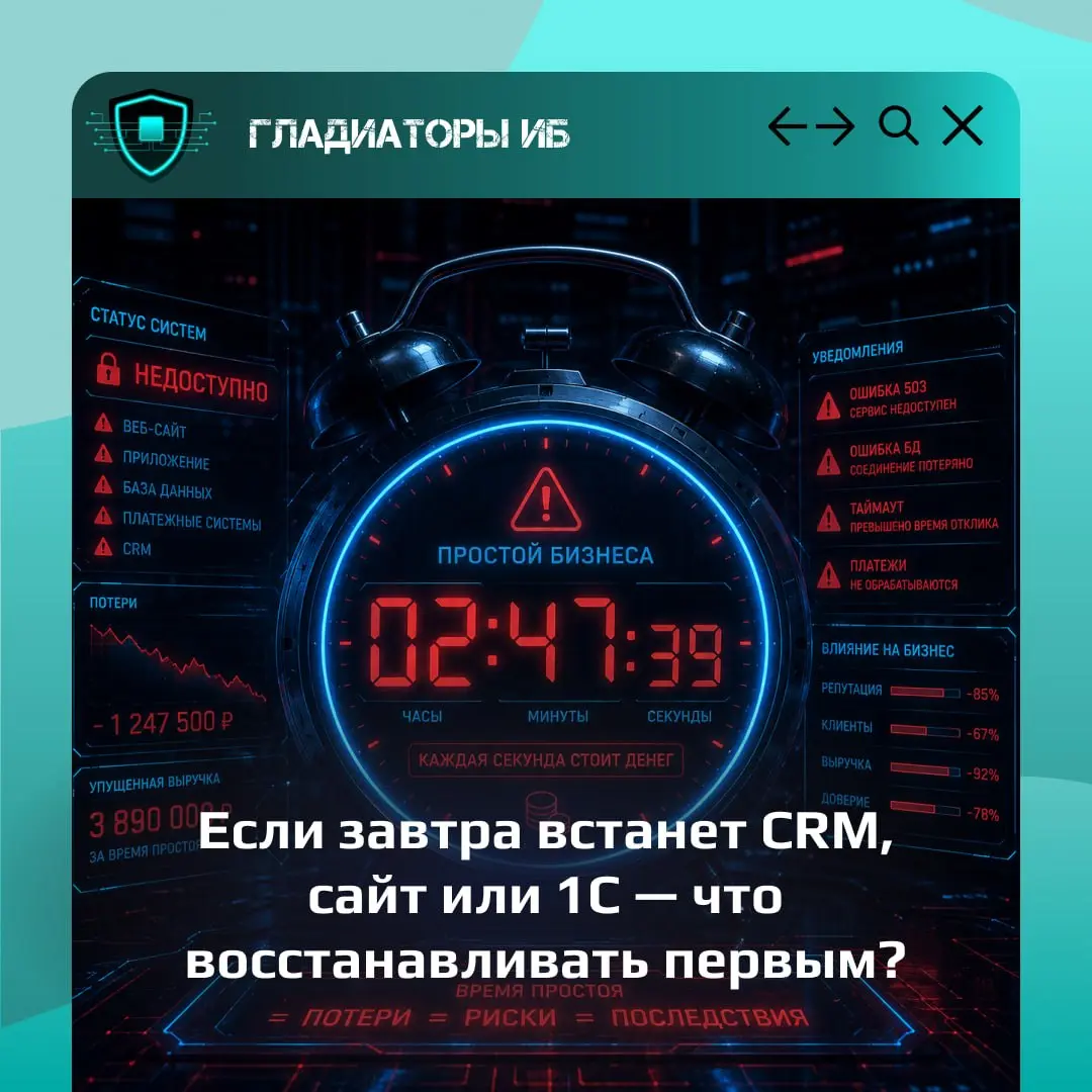 ⌚️ Сколько часов простоя выдержит ваш бизнес?
Информационная безопасность часто звучит как что-то техническое: доступы, резервные копии, уязвимости, настройки, подрядчики | Сетка — социальная сеть от hh.ru