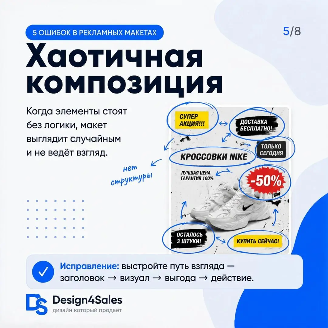 🔎 Разбор 5 ошибок в рекламном макете
Иногда макет вроде бы «нормальный»: есть картинка, текст, кнопка, логотип, цена.
Но человек смотрит на него 2–3 секунды — и не понимает, что ему предлагают | Сетка — социальная сеть от hh.ru