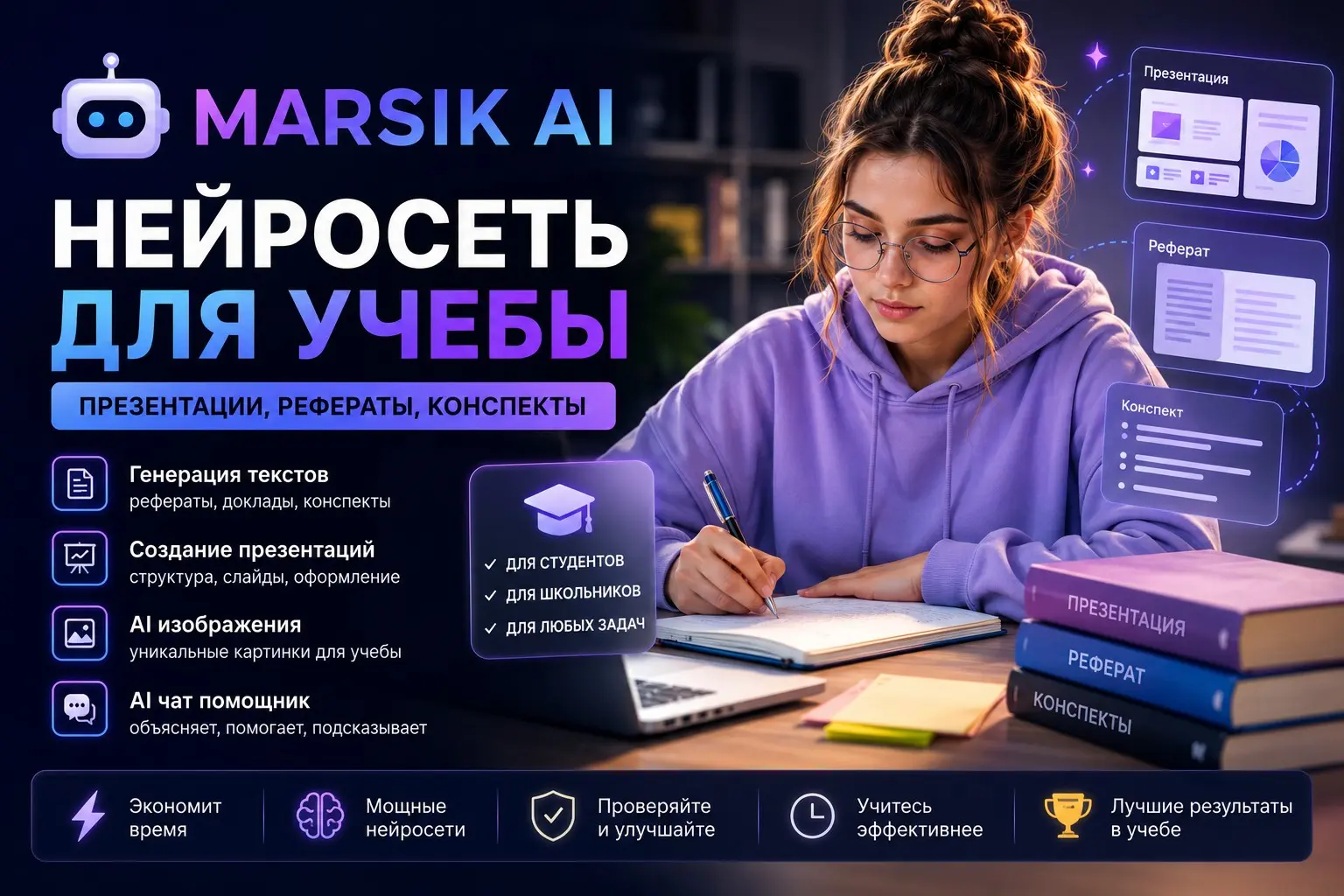 Marsik AI - нейросеть для учебы, презентаций и генерации тек | Сетка — социальная сеть от hh.ru