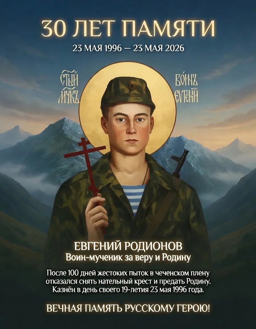 Ровно 30 лет назад, 23 мая 1996 года, в свой день рождения русский солдат Евгений Родионов был казнён чеченскими боевиками после 100 дней пыток.
Он отказался снять нательный крест и предать Родину | Сетка — социальная сеть от hh.ru