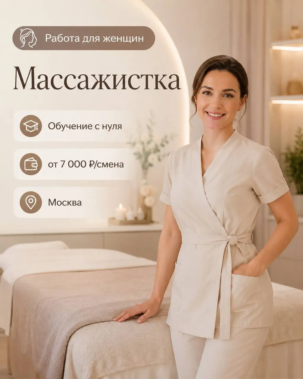 МАССАЖИСТКА
От 7 000₽/смена
студия массажных услуг
• Москва, м. Алексеевская, Проспект Мира
• Красота и wellness
• +79252617534
Полное описание вакансии размещено в Телеграм и Макс | Сетка — социальная сеть от hh.ru