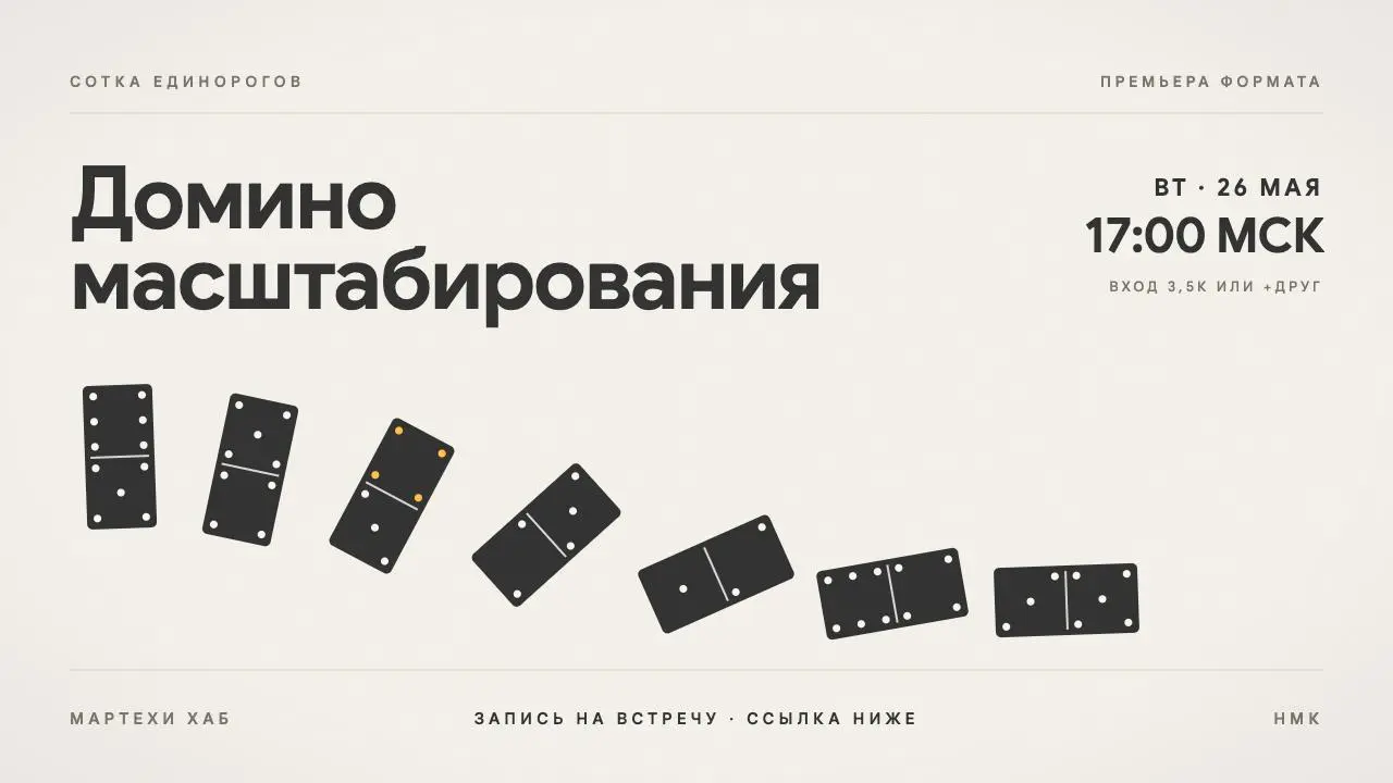 Анонс: Вторник 26 мая, 17:00 МСК — премьера формата «Домино масштабирования» 🁬
Фаундеры, наш забег #100x100 (100 пилотов за 100 дней) продолжает набирать обороты | Сетка — социальная сеть от hh.ru