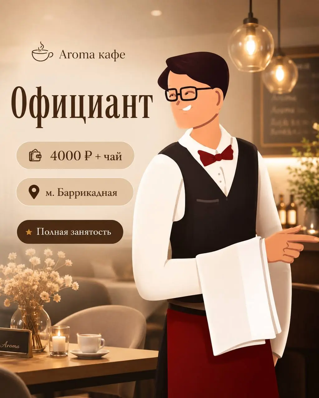 ОФИЦИАНТ
От 4 000₽/смена + чаевые
Арома кафе
• Москва, м. Баррикадная, Большая Никитская
• Рестораны/Кафе
• +79680111588
Полное описание вакансии размещено в Телеграм и Макс | Сетка — социальная сеть от hh.ru