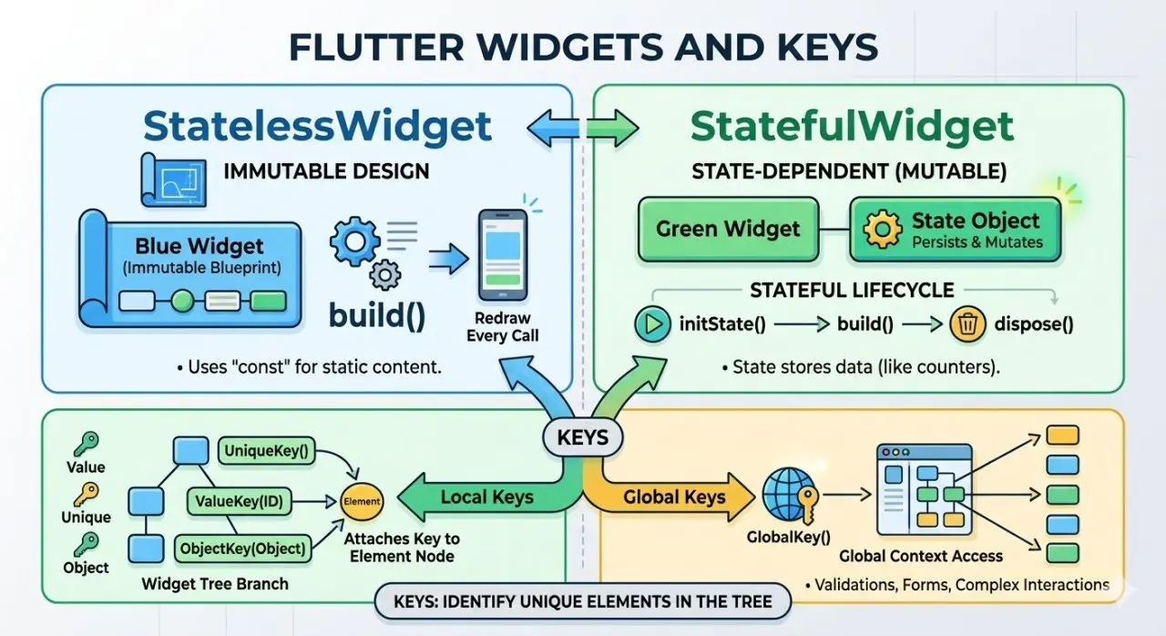 Разбираемся с базой Flutter: виджеты и ключи 🧩
🔹 StatelessWidget — неизменяемый «чертеж». Не умеет меняться сам. Нужны новые данные? Старый виджет уничтожается, создается новый | Сетка — социальная сеть от hh.ru