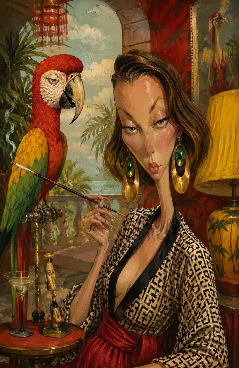 Идём в ChatGPT, добавляем фото и пишем промт:
Surreal mid-century editorial illustration of an eccentric version of the person in the photo and a [parrot] inside a stylish tropical patio, elongated pr... | Сетка — социальная сеть от hh.ru