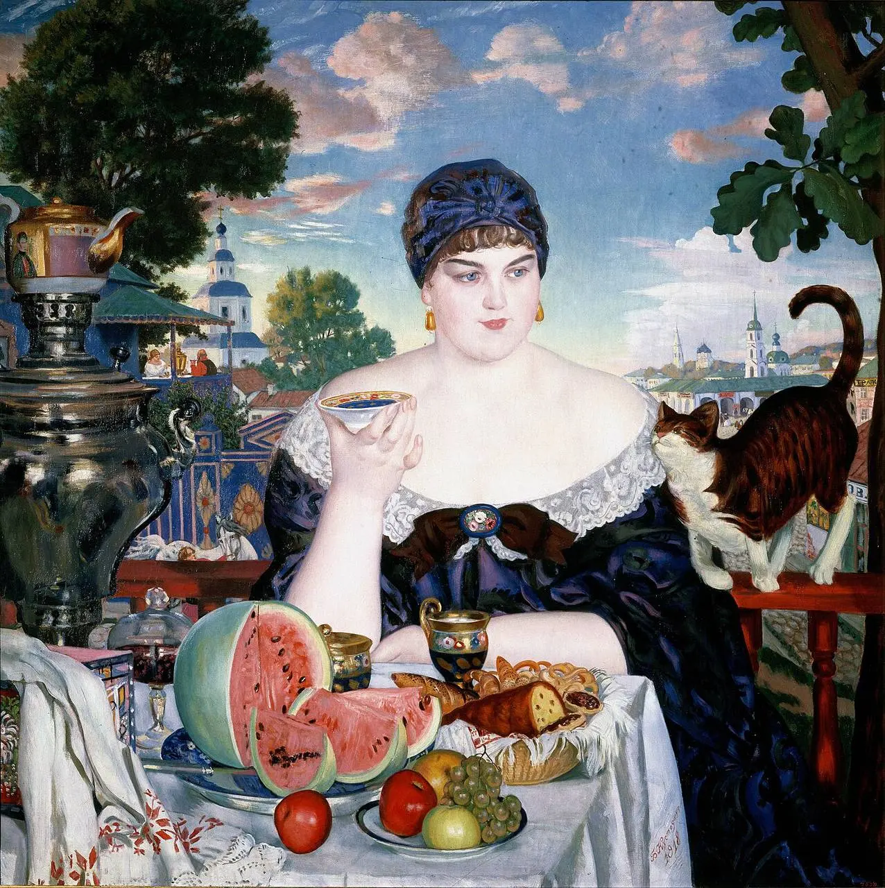 “Купчиха за чаем”
Борис Кустодиев(1918)
Картина написана в один из самых тяжелых и голодных периодов российской истории | Сетка — социальная сеть от hh.ru