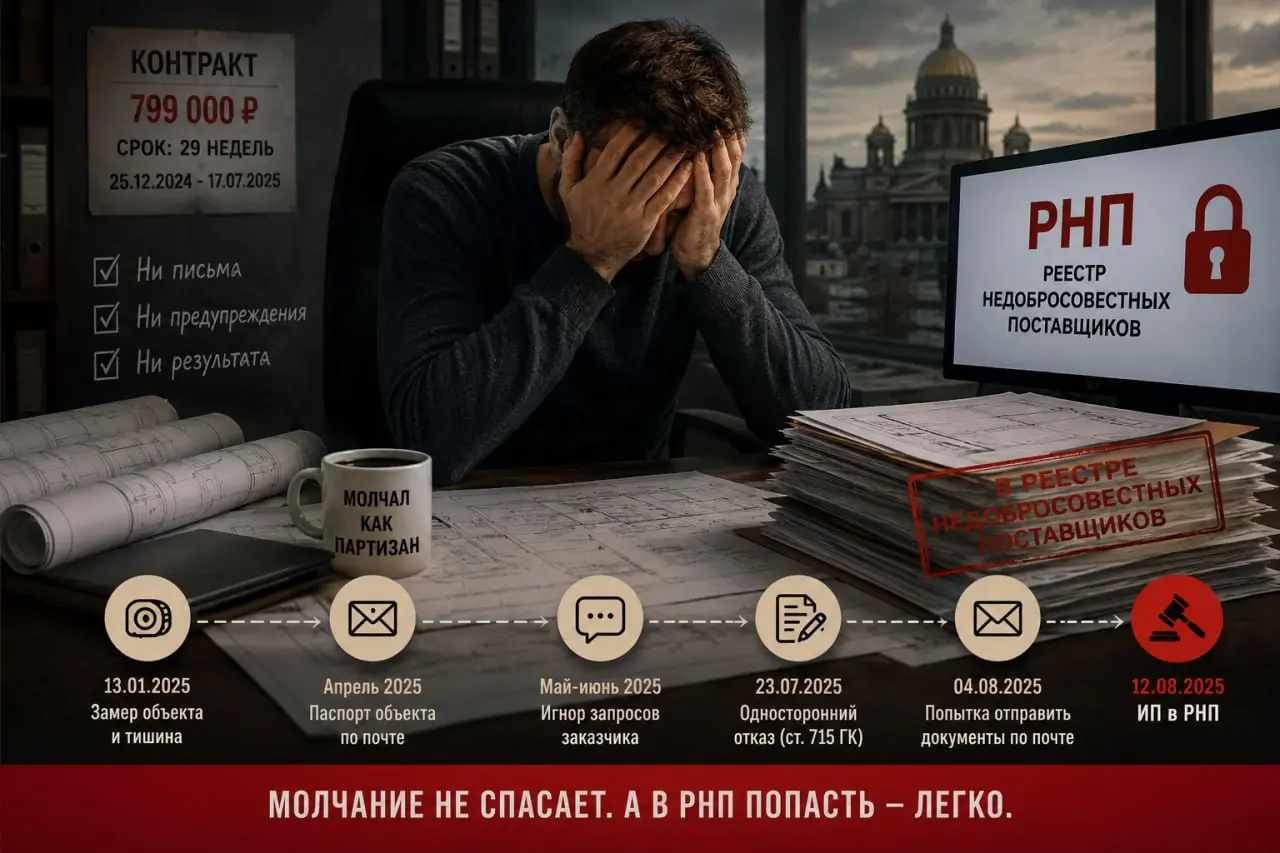Молчал как партизан. А потом попал в РНП
Санкт-Петербург. Подрядчик-ИП взялся сделать проект капремонта за 799 000 ₽. Срок — 29 недель.
Заказчик — бюджетное учреждение. Всё по 44-ФЗ | Сетка — социальная сеть от hh.ru