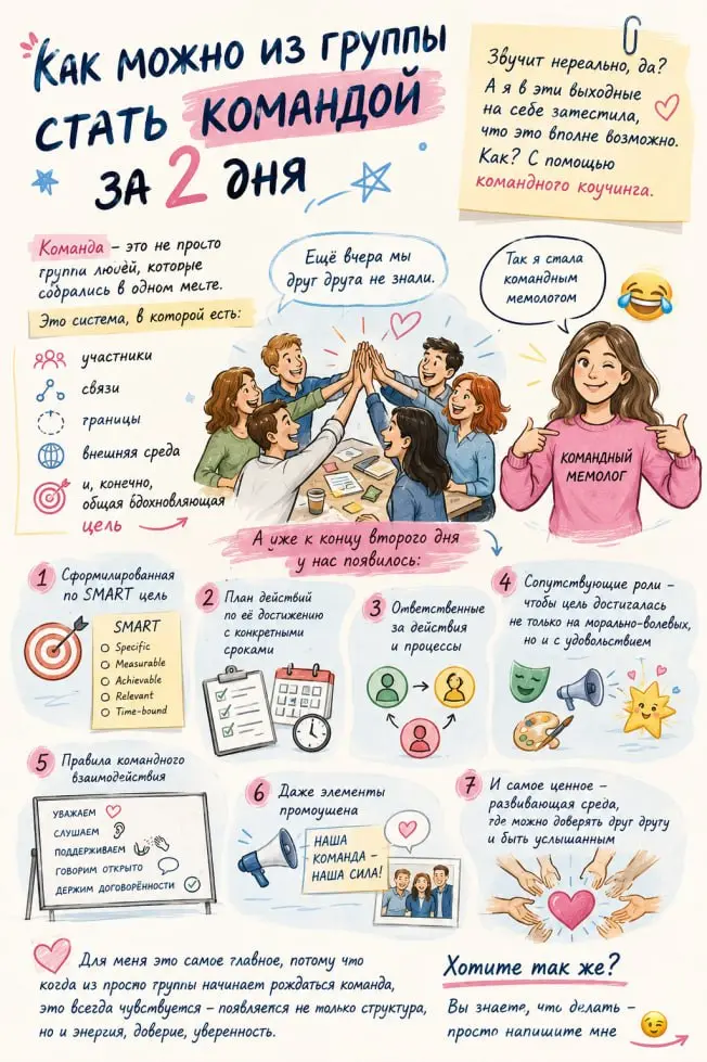 Как можно из группы стать командой за 2 дня
Звучит нереально, да?
А я в эти выходные на себе затестила, что это вполне возможно.
Как?
С помощью командного коучинга | Сетка — социальная сеть от hh.ru