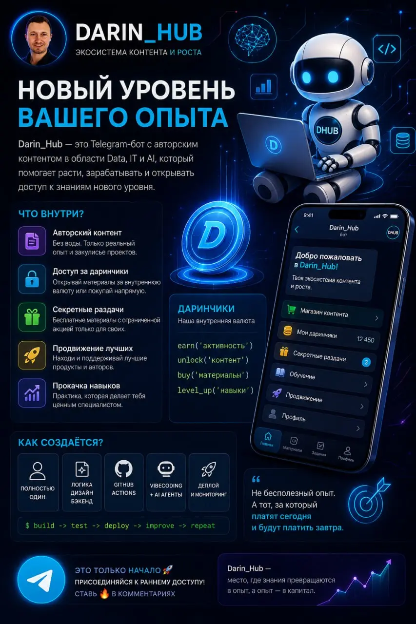 🚀DarinHub — не просто бот. Это закрытая экосистема роста.
В Telegram слишком много контента.
Но почти нет реального опыта, который приносит деньги | Сетка — социальная сеть от hh.ru