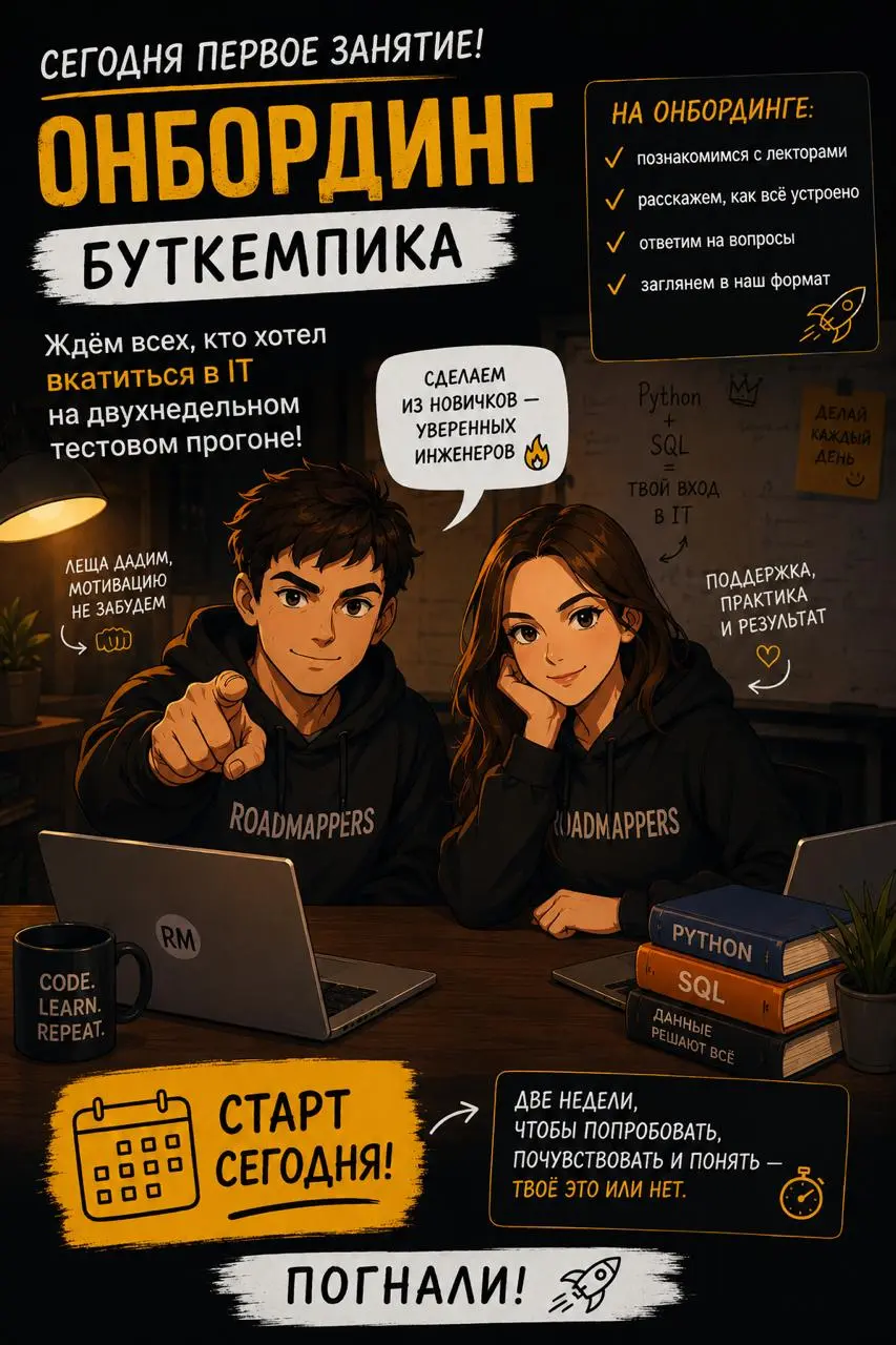 Сегодня проводим "Онбординг", расскажем что вас ждём первого июля на Буткемпике и то как будут проходить занятия на тестовом прогоне.
Врямя: 20:00 по МСК | Сетка — социальная сеть от hh.ru