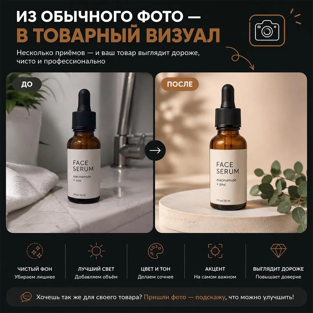 📷 Из обычного фото — в товарный визуал
Иногда товар хороший, но на фото выглядит слабее, чем должен | Сетка — социальная сеть от hh.ru