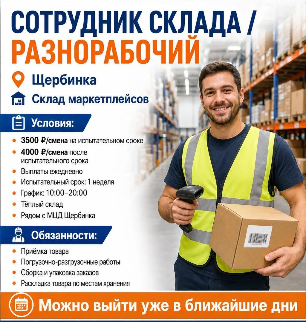 СОТРУДНИК СКЛАДА-РАЗНОРАБОЧИЙ
От 4 000₽/смена
Склад маркетплейсов
• Щербинка, м. МЦД Щербинка
• Логистика
• @LadyPrioritet
Полное описание вакансии размещено в Телеграм и Макс | Сетка — социальная сеть от hh.ru