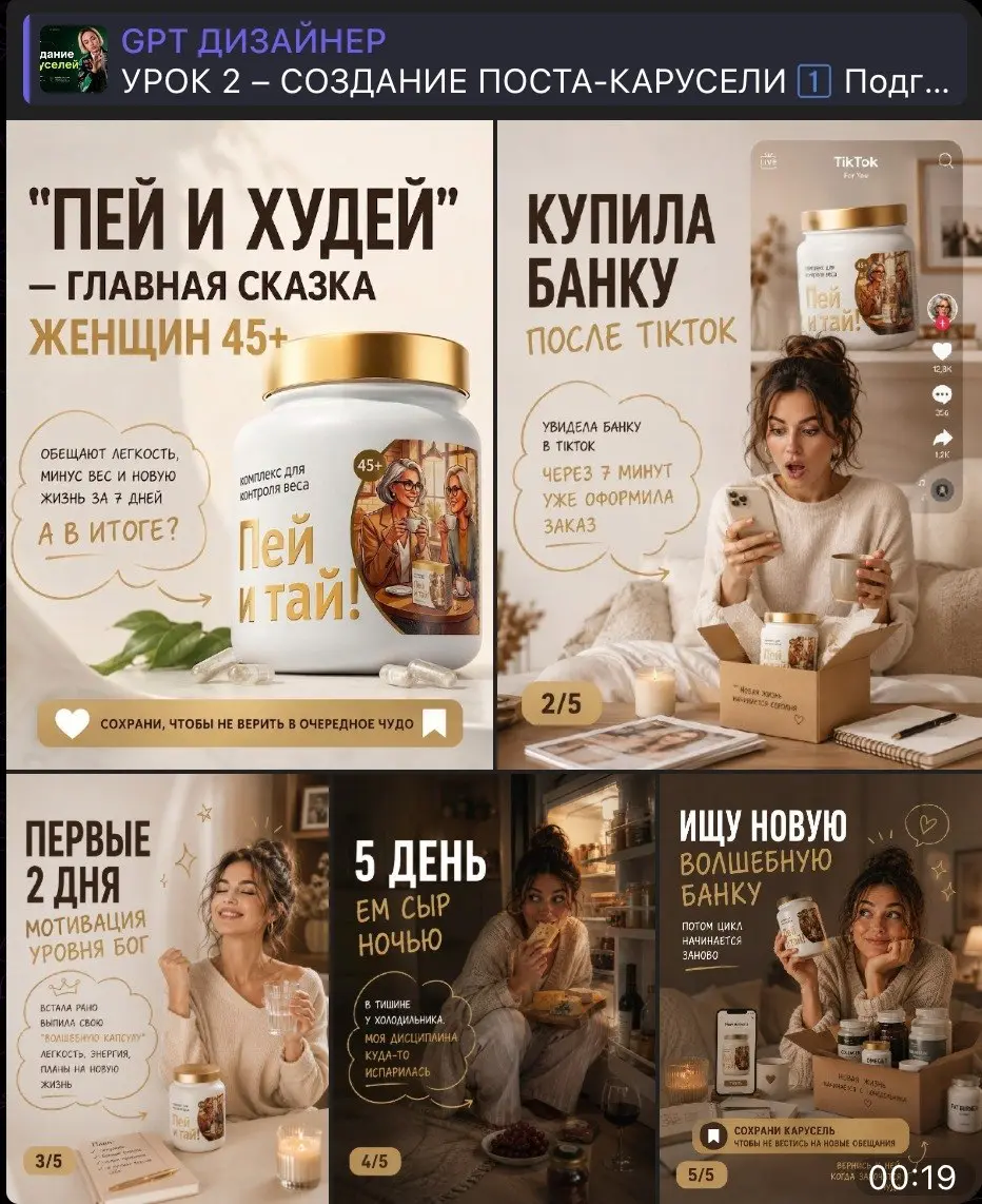 Результаты после мастер-класса "GPT Дизайнер"
Ирина зашла на мастер класс, потому что хочется создавать карусели быстро без заумных долгих курсов и не нужно быть дизайнером | Сетка — социальная сеть от hh.ru