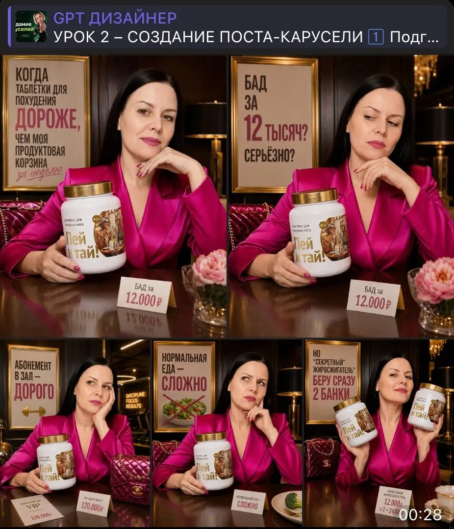 Результаты после мастер-класса "GPT Дизайнер"
Ирина зашла на мастер класс, потому что хочется создавать карусели быстро без заумных долгих курсов и не нужно быть дизайнером | Сетка — социальная сеть от hh.ru