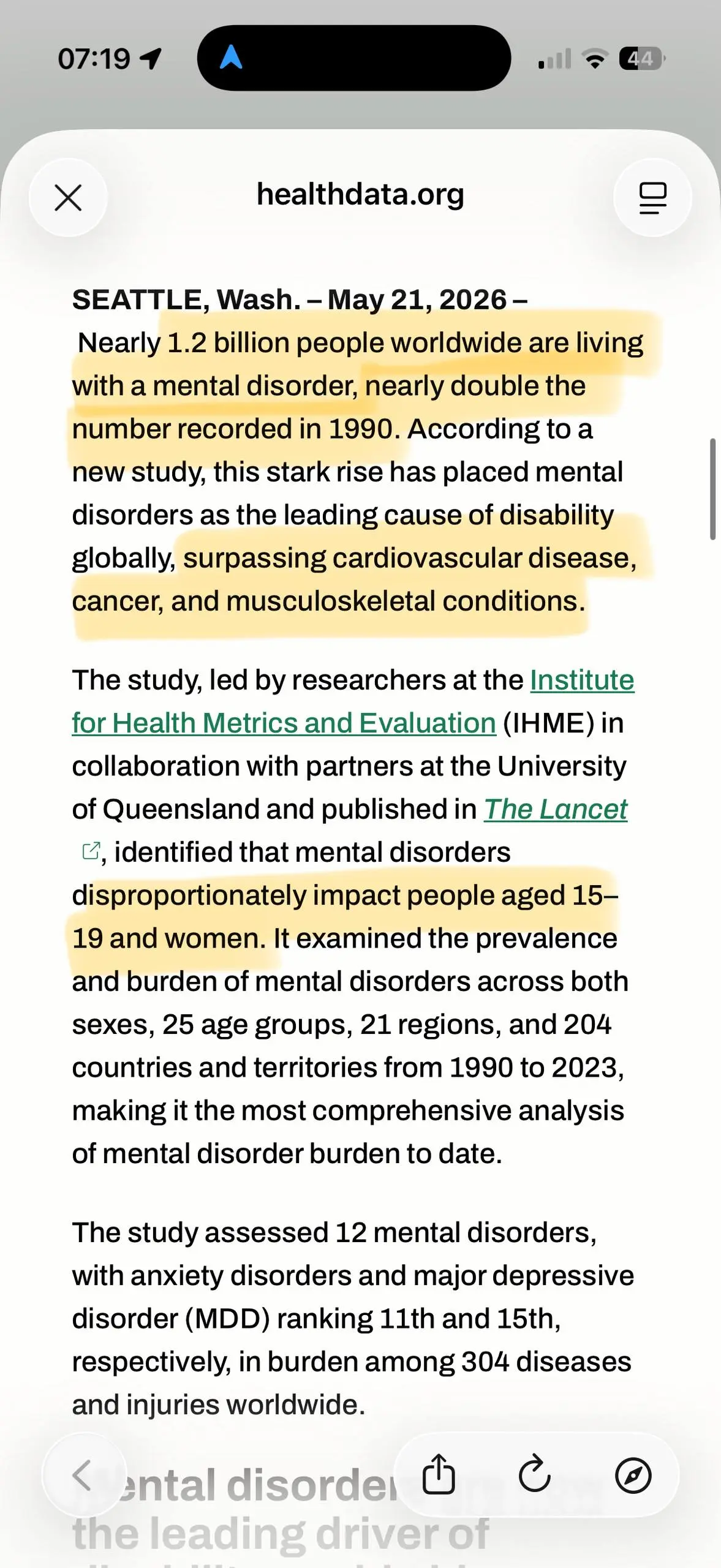 Новое исследование по ментальному здоровью вчера в Lancet вышло (это наверное самый авториетный научный журнал в мире по медицине): https://www.thelancet | Сетка — социальная сеть от hh.ru