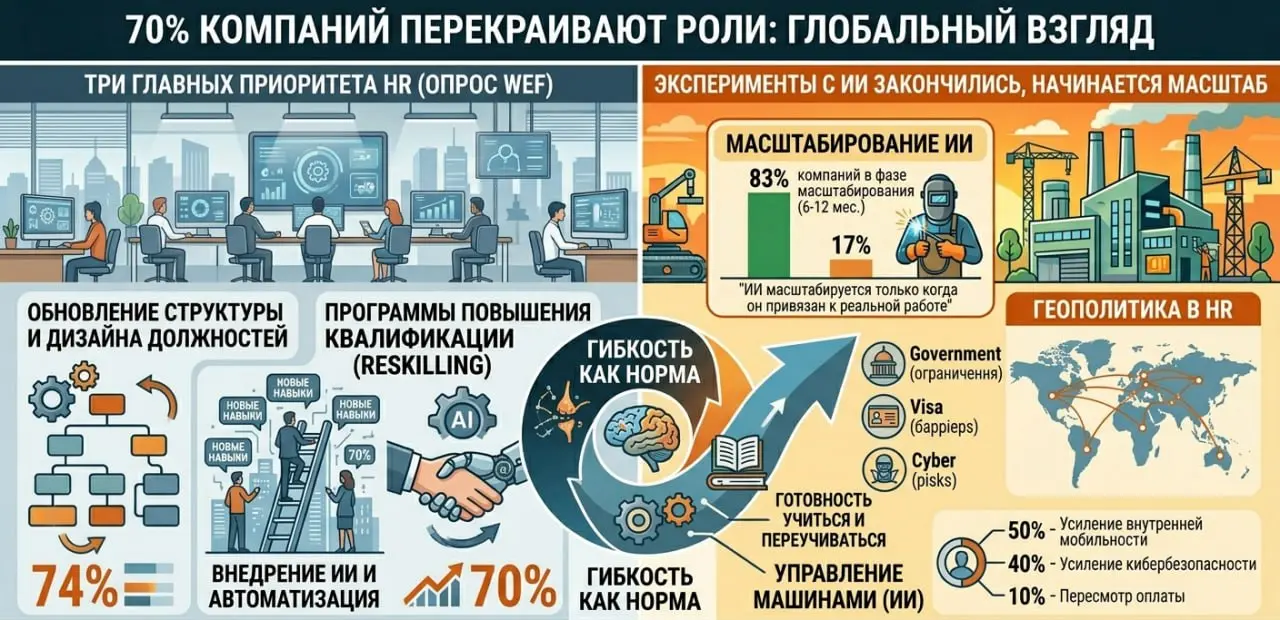 70% КОМПАНИЙ ПЕРЕКРАИВАЮТ РОЛИВсемирный экономический форум опросил больше 140 директоров по персоналу крупнейших глобальных компаний. И есть о чем поговорить нам сегодня в связи с этим | Сетка — социальная сеть от hh.ru