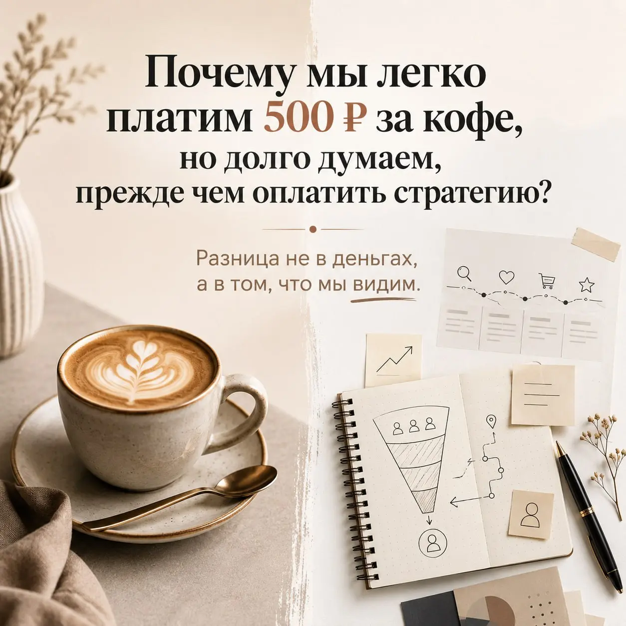 Наблюдали такую картину: люди без вопросов платят за красивый латте, но задумываются, прежде чем оплатить стратегическую сессию или план продвижения. Вот почему так происходит | Сетка — социальная сеть от hh.ru