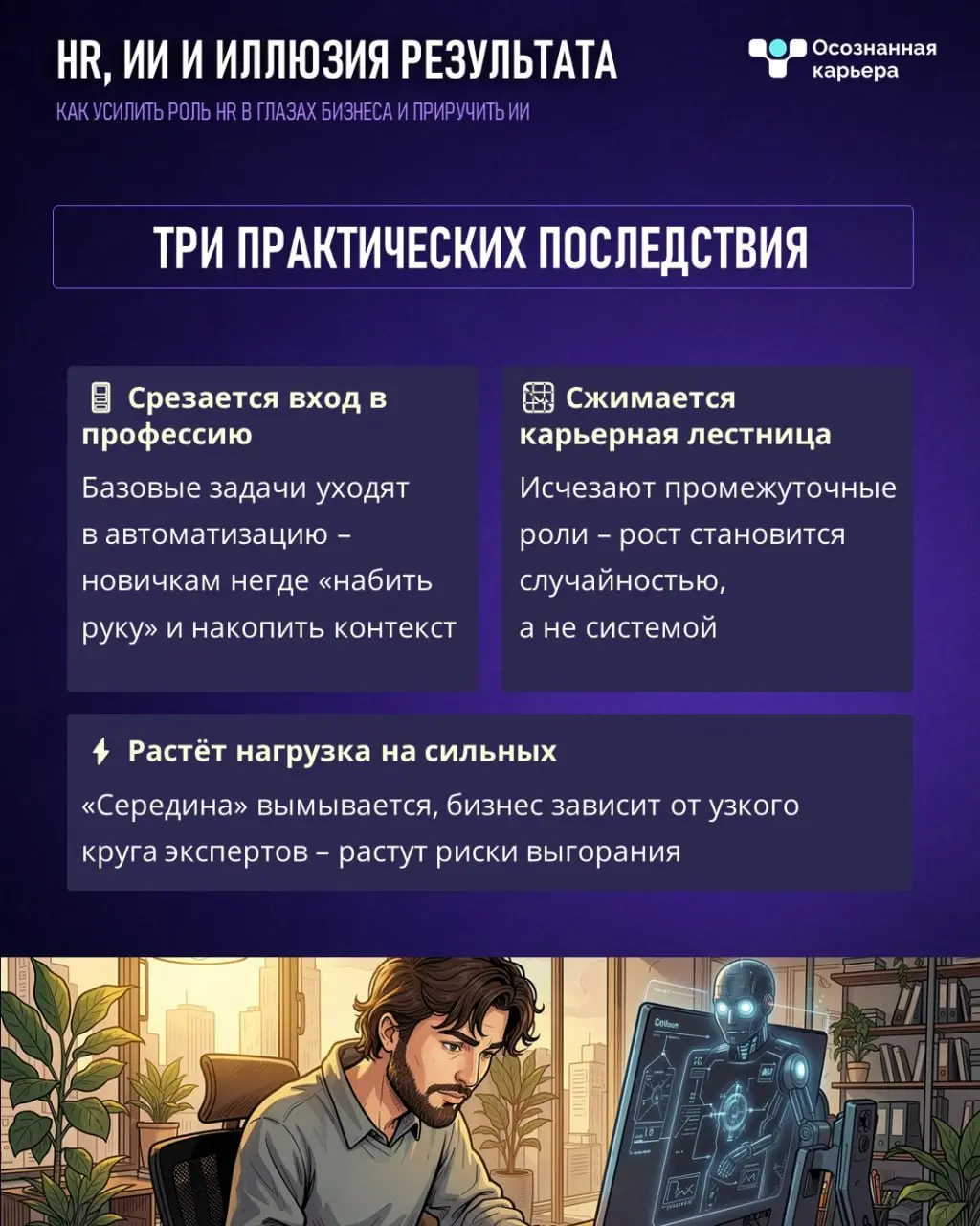 Перевели новое исследование Brookings о том, как AI влияет на карьерные траектории сотрудников
подробности в карточках, сохраняйте и делитесь 💙
Раньше человек рос постепенно: junior ➡️ middle ➡️ senio... | Сетка — социальная сеть от hh.ru