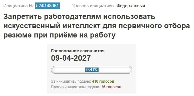 ❌ Запретить этот ваш ИИ
На сайте РОИ появилась инициатива, о запрете работодателям отсеивать резюме кандидатов с помощью ИИ
Нужно набрать 100 000 голосов для рассмотрения инициативы на федеральном уро... | Сетка — социальная сеть от hh.ru