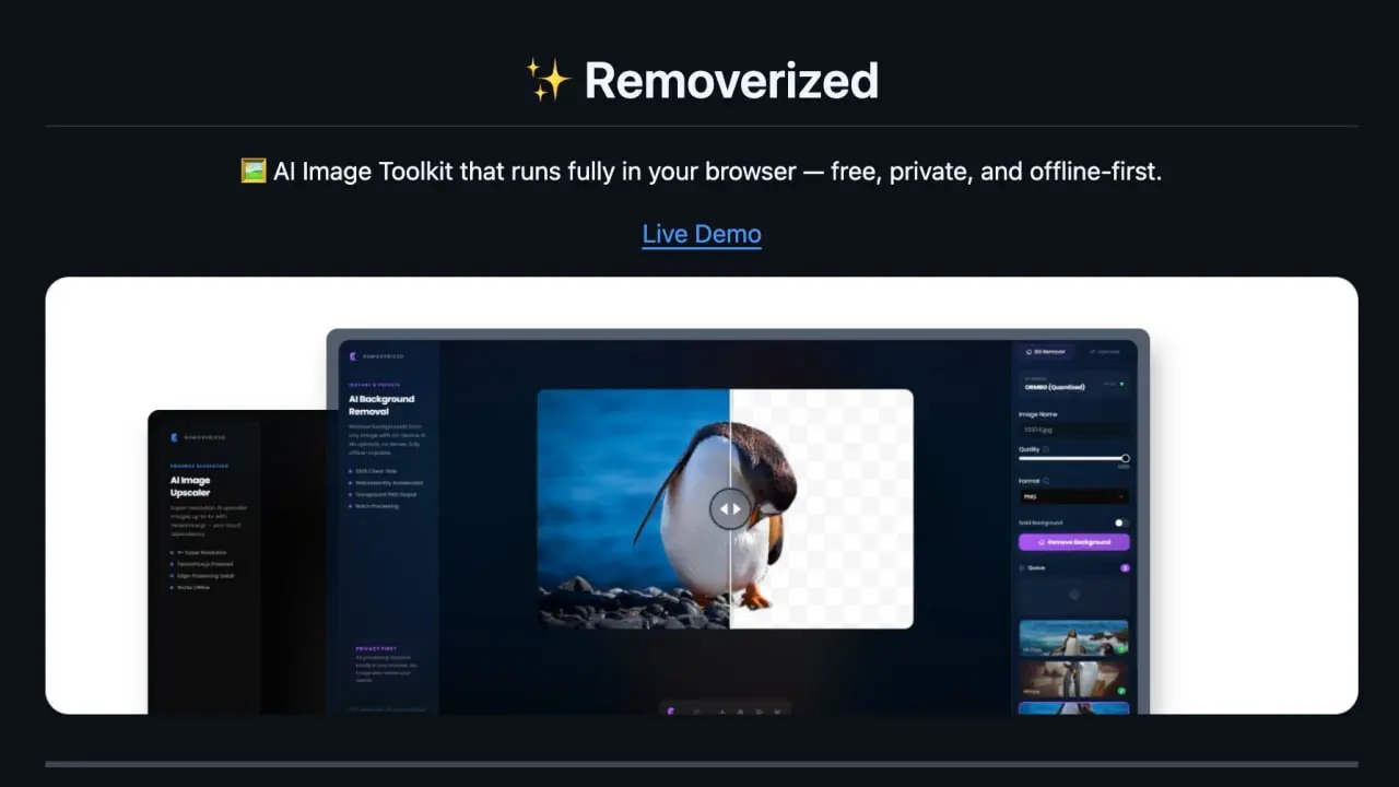 🕵️‍♂️УДАЛИТЬ ХРУЩОВКИ БЕЗ ИНТЕРНЕТА
Removerized — это AI-тулкит, который удаляет фон и апскейлит картинки прямо в браузере, не отправляя ни байта в сеть 🔒
Тут всё работает локально через ONNX Runtime ... | Сетка — социальная сеть от hh.ru