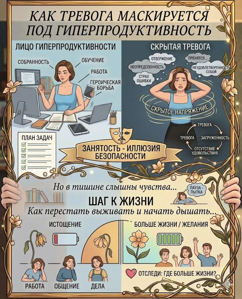 Как тревога маскируется под гиперпродуктивность
Гиперпродуктивность - способность быть собранным, учиться, работать и героически встречать вызовы жизни | Сетка — социальная сеть от hh.ru