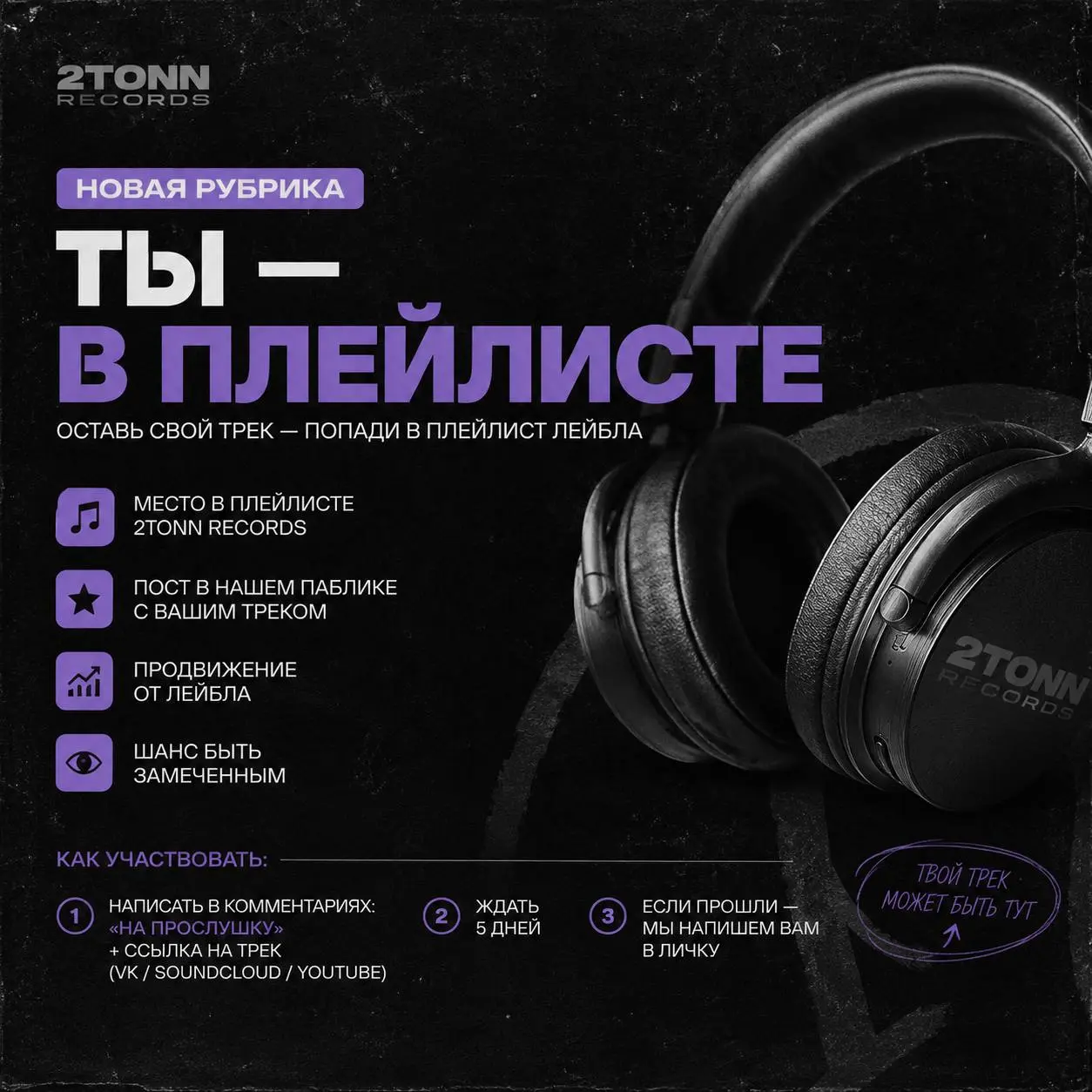 НОВАЯ РУБРИКА: ТЫ — В ПЛЕЙЛИСТЕ
2TONN Records запускает простую схему.
Вы оставляете свой трек в комментариях под этим постом.
Мы его слушаем.
Лучшие попадают в наш официальный плейлист | Сетка — социальная сеть от hh.ru