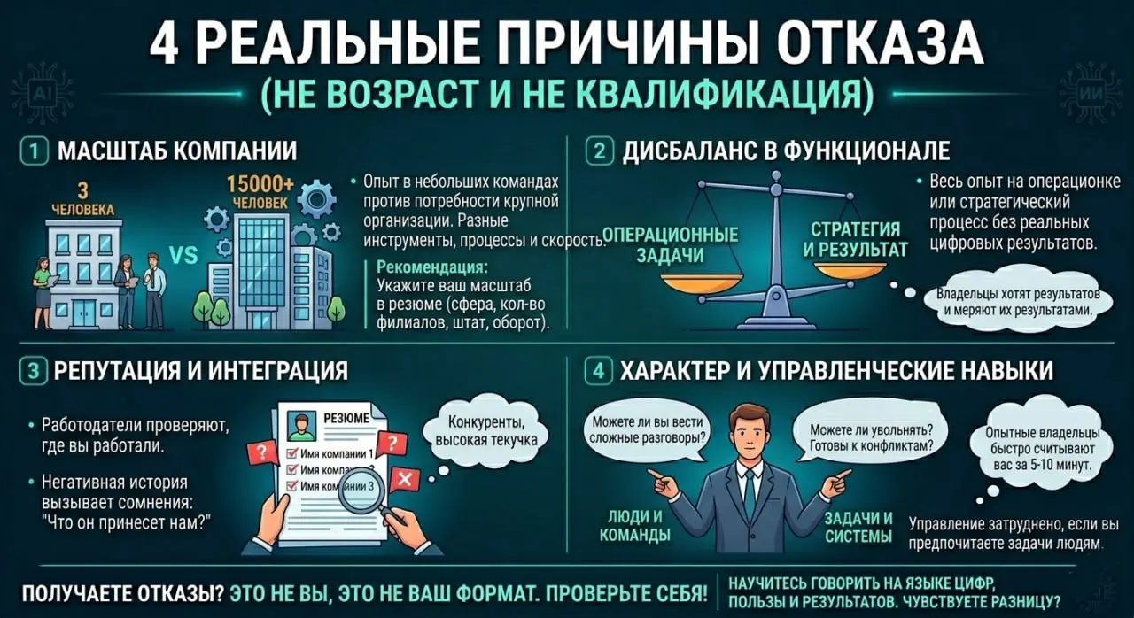 4 РЕАЛЬНЫХ ПРИЧИНЫ ОТКАЗАНа самом деле не возраст и не квалификация. Читала на днях интересный кейс, где собственник искал директора по персонала | Сетка — социальная сеть от hh.ru