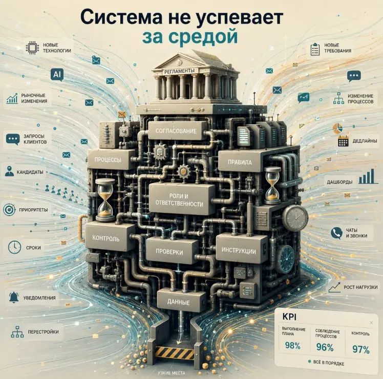 Почему институты не успевают за изменениями (и как это влияет на вашу работу)
Иногда в работе возникает ощущение,
что всё устроено правильно —
но при этом не работает.
Есть процессы.
Есть роли | Сетка — социальная сеть от hh.ru
