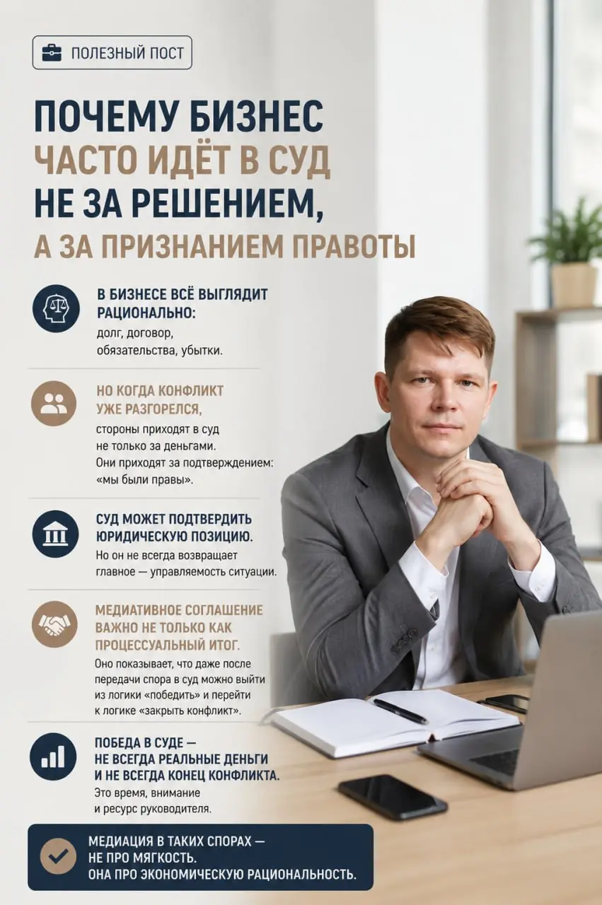 Почему бизнес часто идёт в суд не за решением, а за признанием правоты
В бизнесе принято говорить рационально: долг, договор, обязательства, убытки | Сетка — социальная сеть от hh.ru