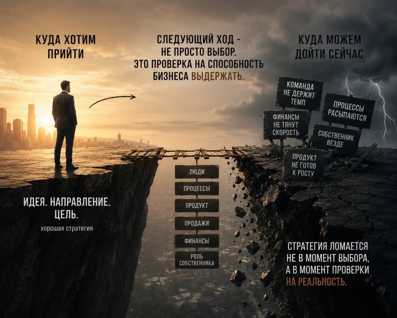 Стратегия ломается там, где у бизнеса нет нужной способности.
Собственник смотрит на следующий ход: новый рынок, рост продаж, больше заказов, расширение команды, новый продукт.
Всё выглядит логично | Сетка — социальная сеть от hh.ru