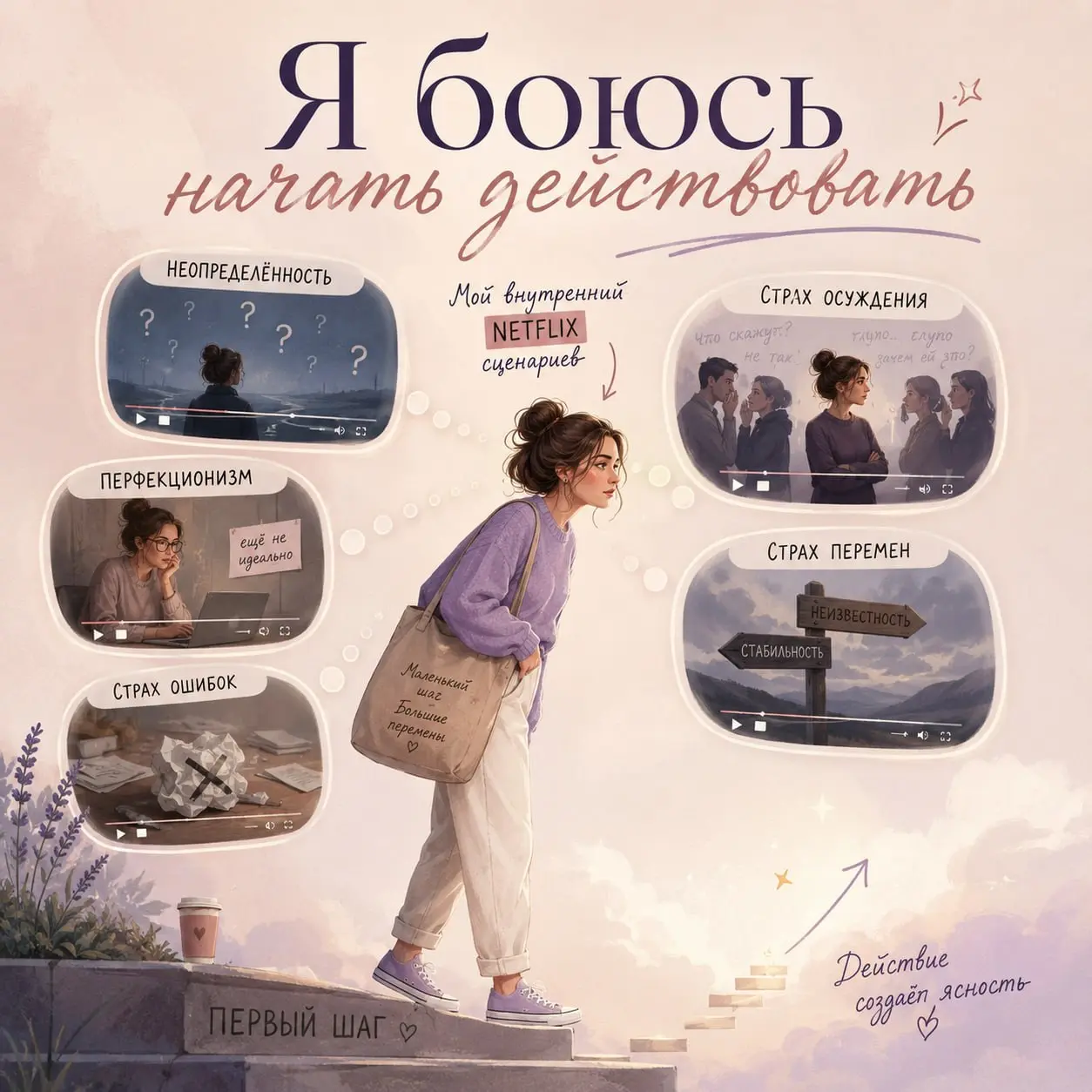 Я боюсь начать действовать.
Вот. Сказала 😅
И самое забавное — чем больше ты знаешь, тем иногда страшнее сделать первый шаг | Сетка — социальная сеть от hh.ru