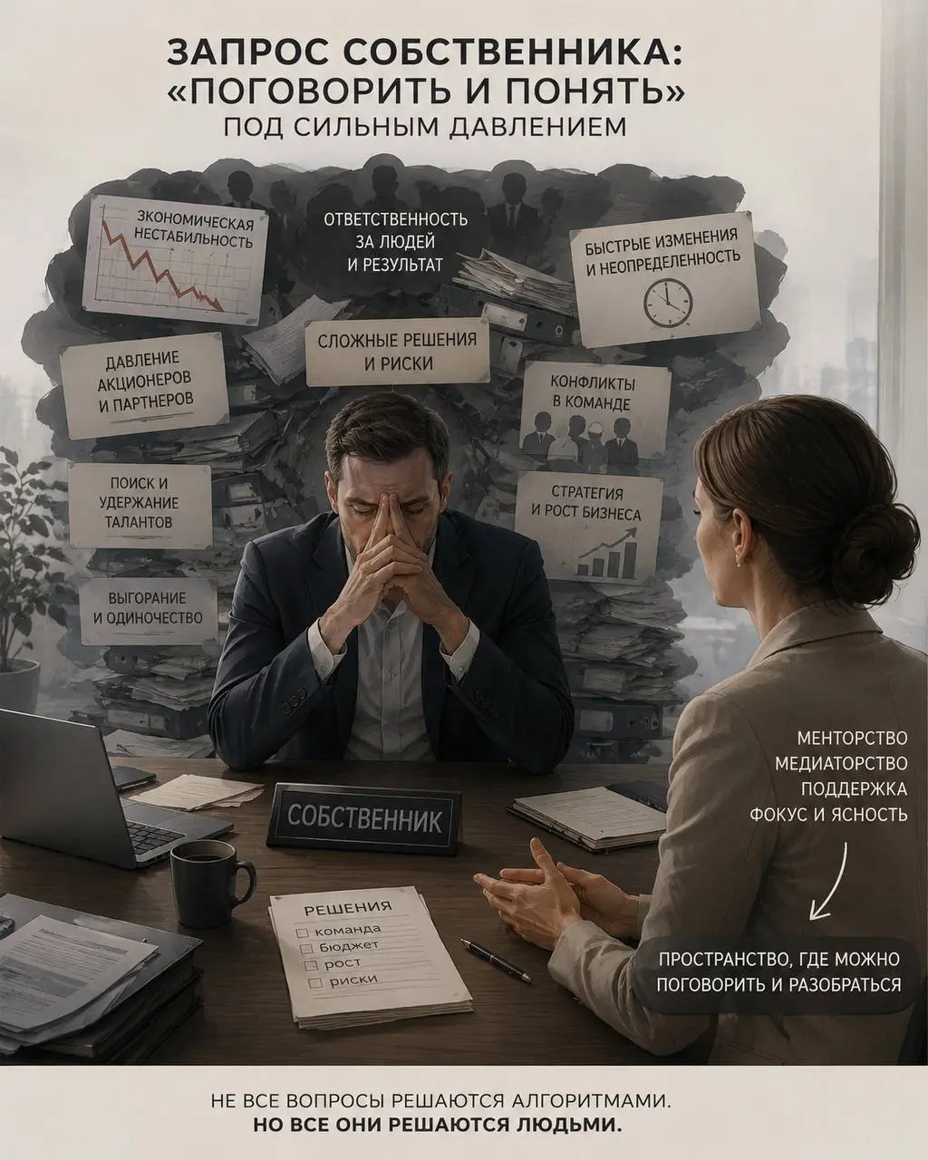 Поговорить, разобраться, увидеть ситуацию со стороны. Снять внутренний перегрев.
Понять, куда двигаться дальше и как не разрушить команду, себя и бизнес в процессе постоянных изменений | Сетка — социальная сеть от hh.ru