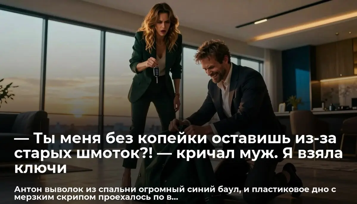 — Ты меня без копейки оставишь из-за старых шмоток?! — кричал муж. Я взяла ключи
Антон выволок из спальни огромный синий баул, и пластиковое дно с мерзким скрипом проехалось по вздутому линолеуму | Сетка — социальная сеть от hh.ru